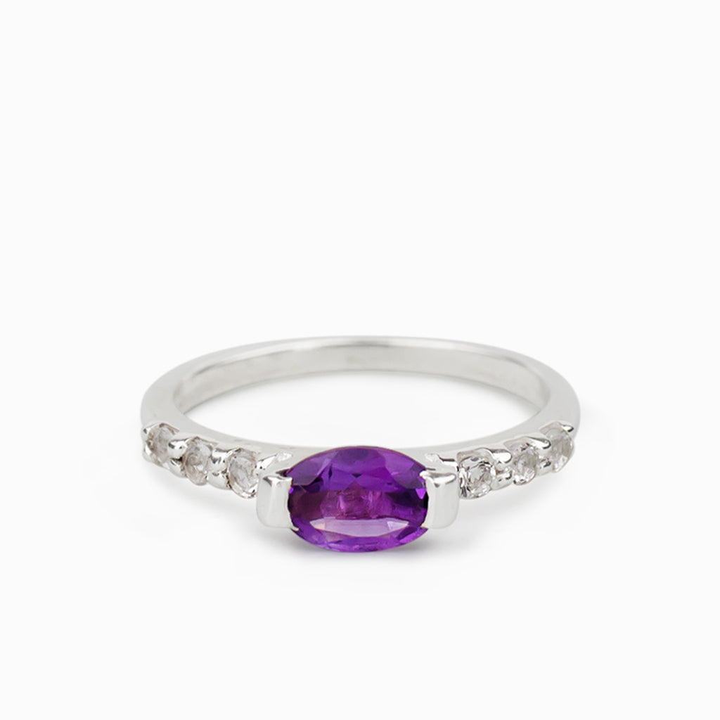 Purple Amethyst & White Topaz gemstones on band Ring Made in Earth