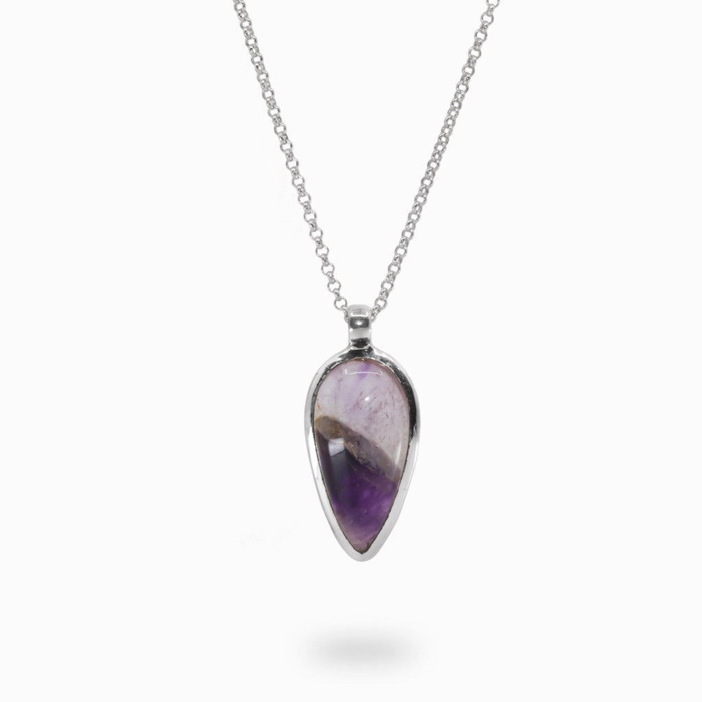 INVERTED TEAR PURPLE-WHITE CABOCHON STERLING SILVER CHEVRON AMETHYST NECKLACE