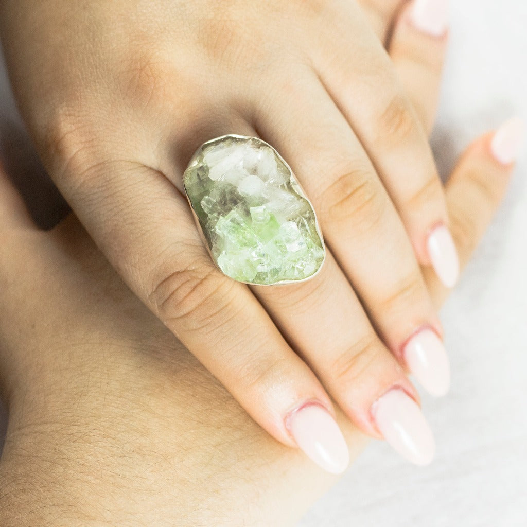 Model Wearing White Green Apophyllite Ring
