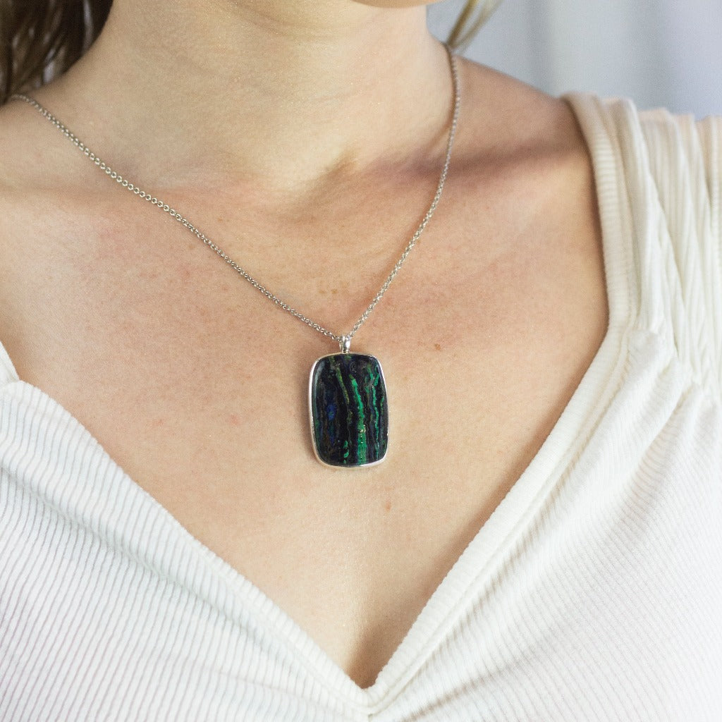 Model Wearing Rectangular Cabochon Azurite Malachite Necklace