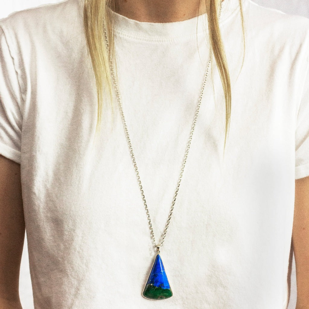Royal Blue and Forest Green Azurite Malachite Triangle Cabochon Necklace on model