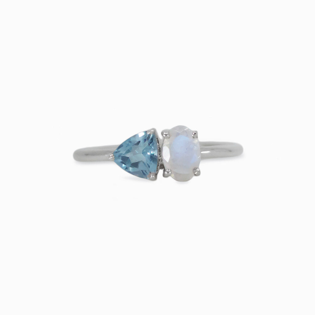 Faceted Blue Topaz and Faceted Rainbow Moonstone rings