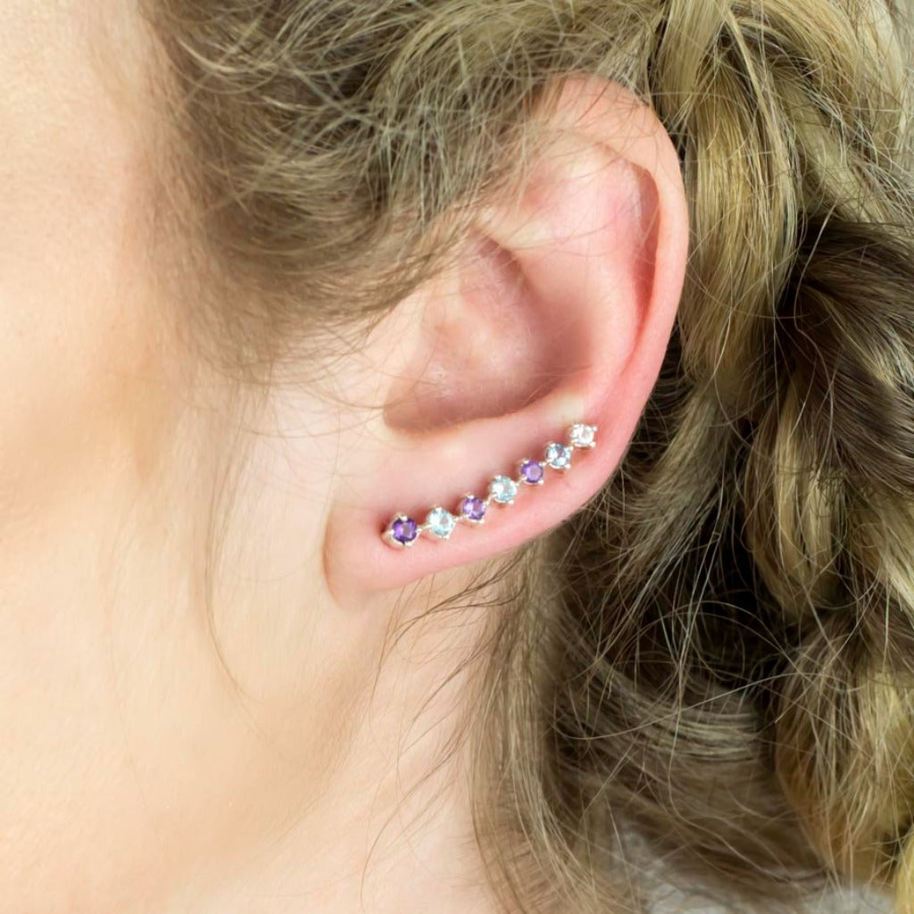 Amethyst & Blue Topaz Ear Climbers on Model Made In Earth