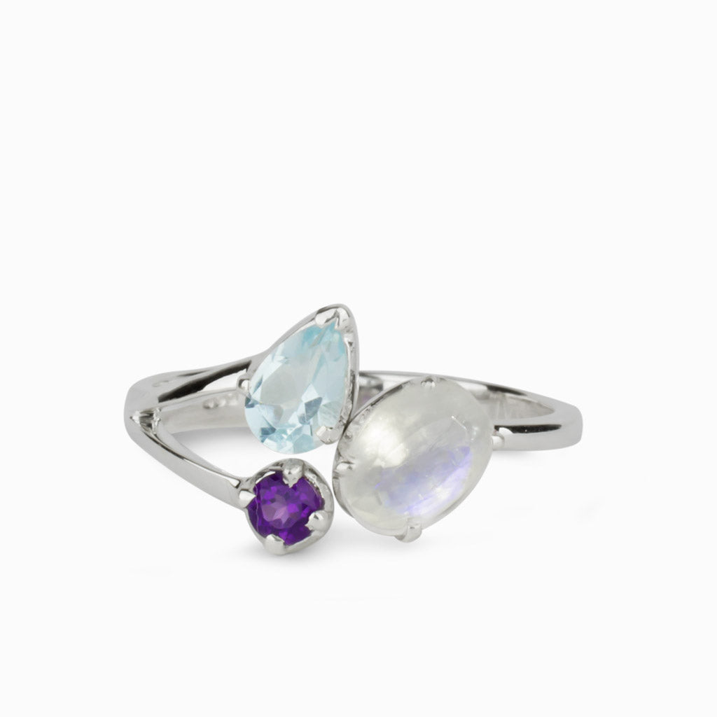 Blue Topaz, Rainbow Moonstone, Purple Amethyst Ring Made in Earth