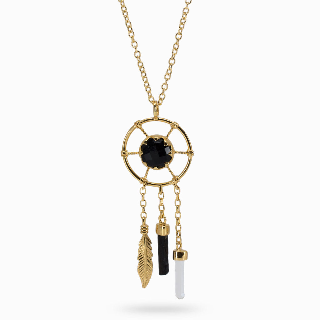 Onyx, Black Tourmaline, Clear Quartz Dreamcatcher Pendant