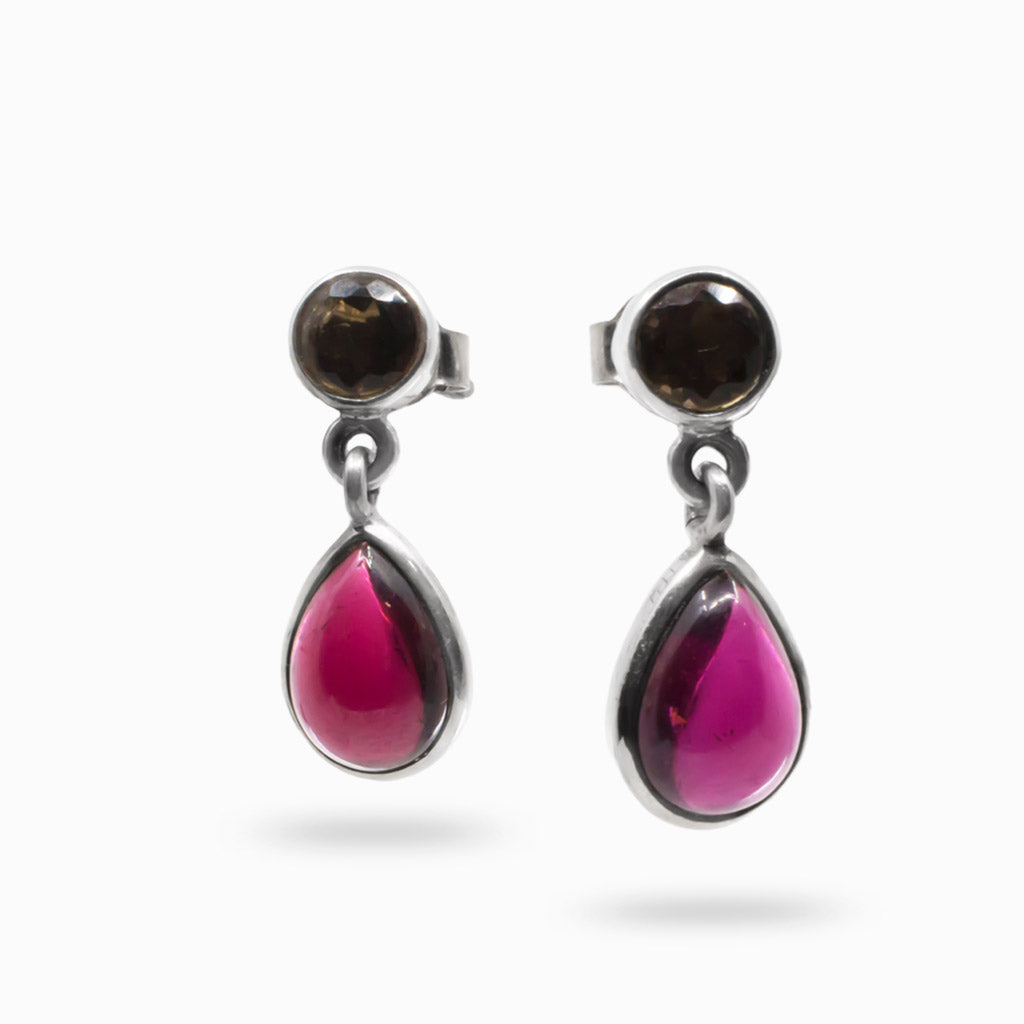 Smokey Quartz and Garnet Drop Earrings Made In Earth