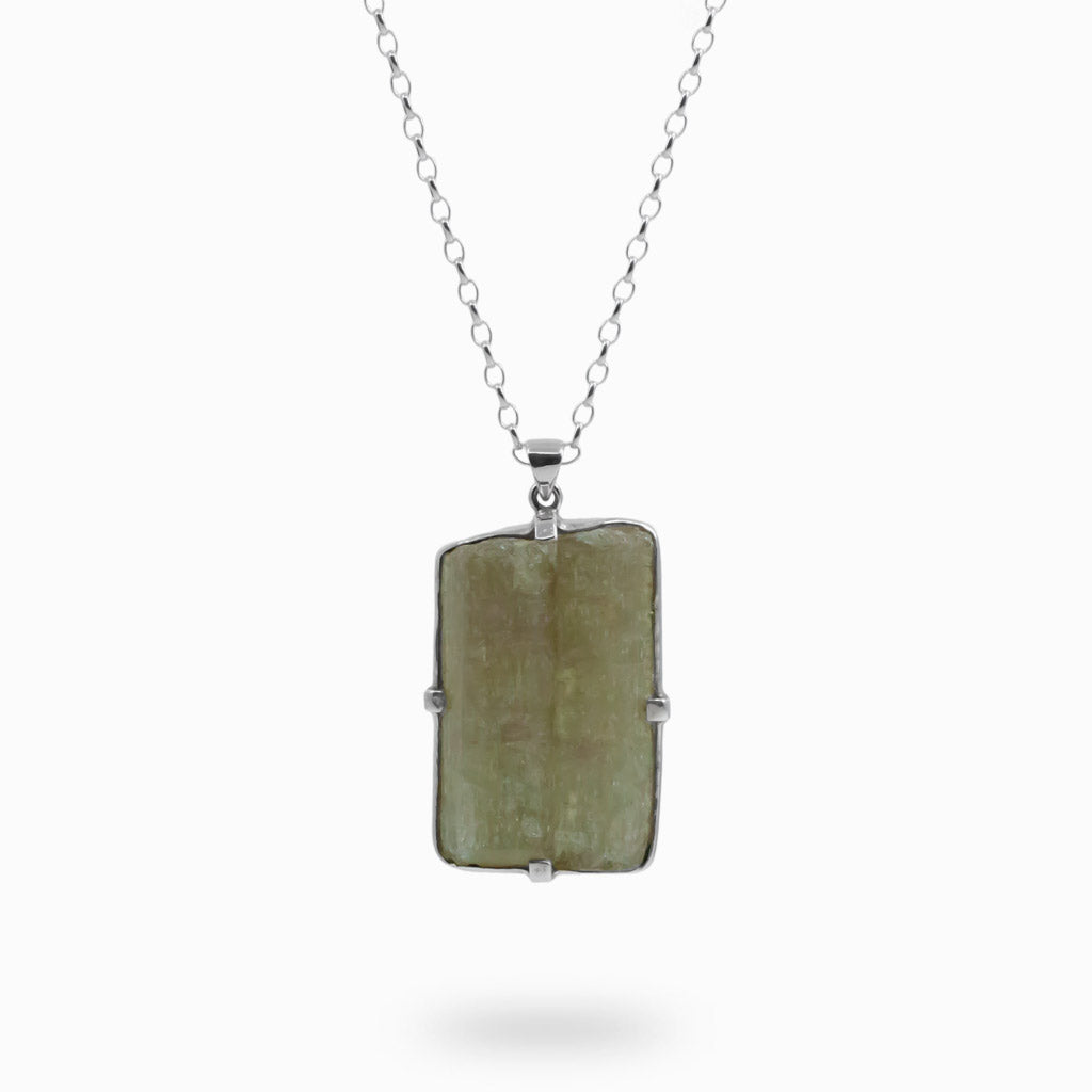 RECTANGLE GREEN RAW STERLING SILVER APATITE NECKLACE
