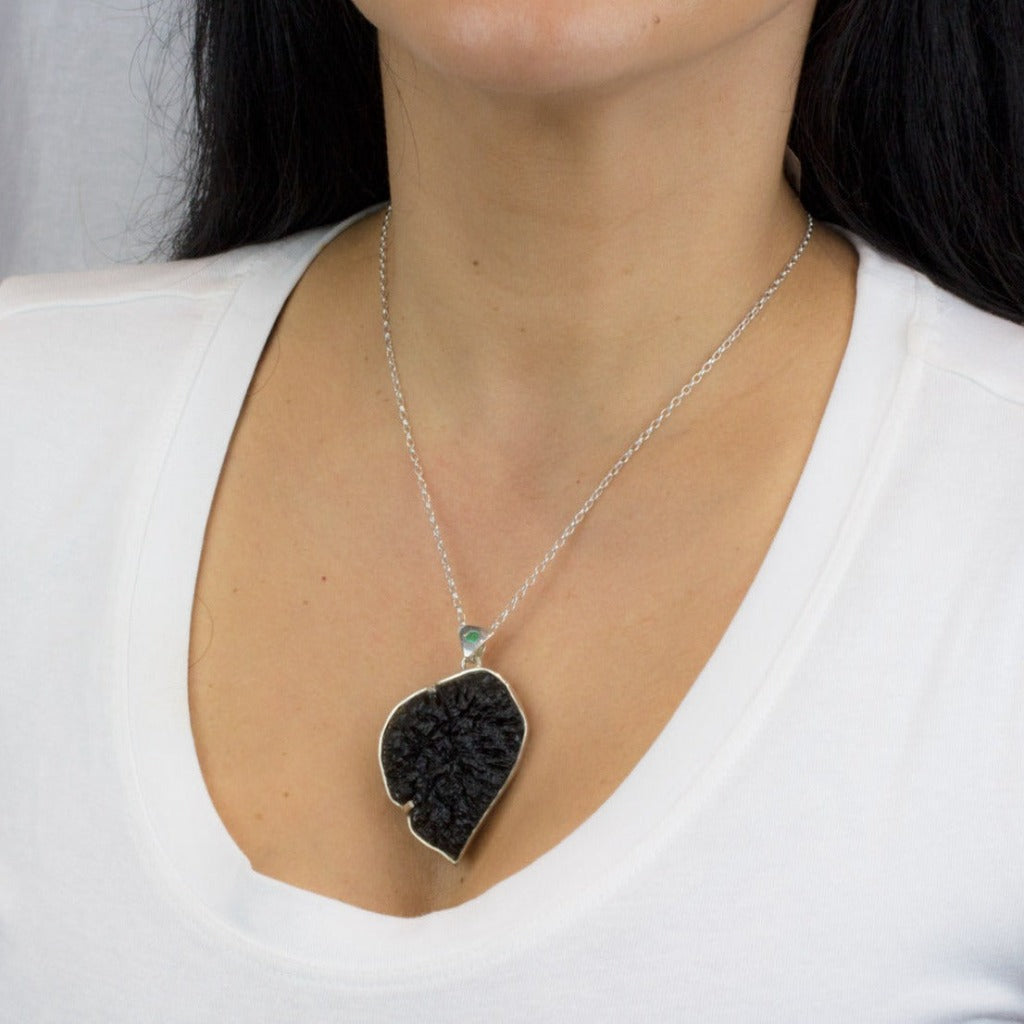 Moldavite & Emerald Pendant on Model