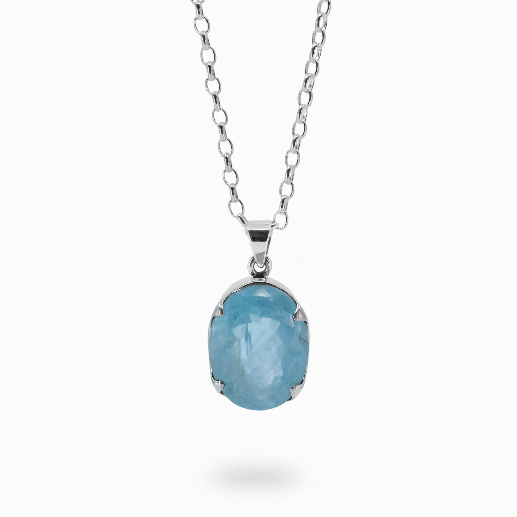 Faceted Oval Blue Aquamarine Necklace