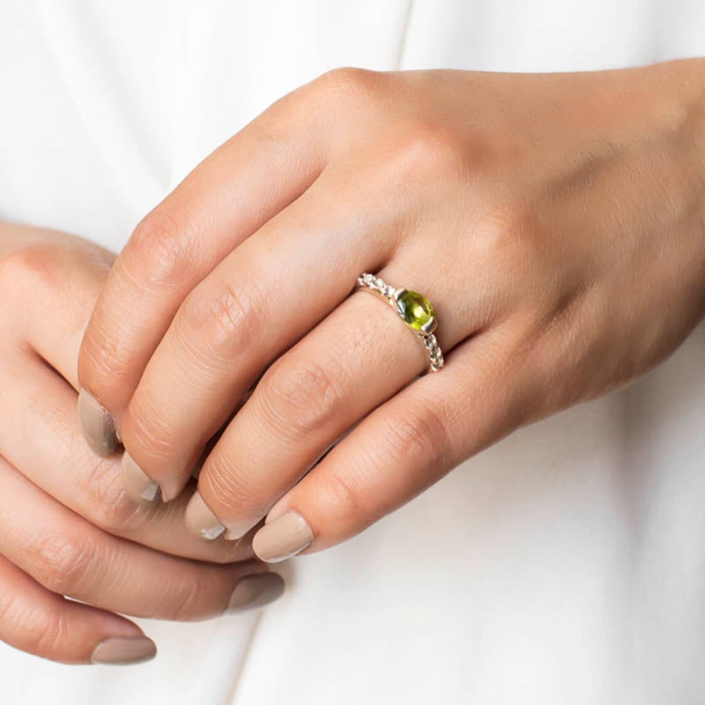 Model Wearing Peridot & White Topaz Ring