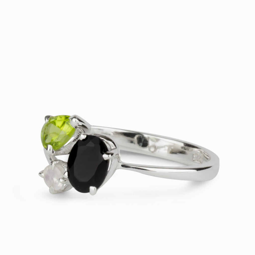 Onyx, Rainbow Moonstone, Peridot Ring