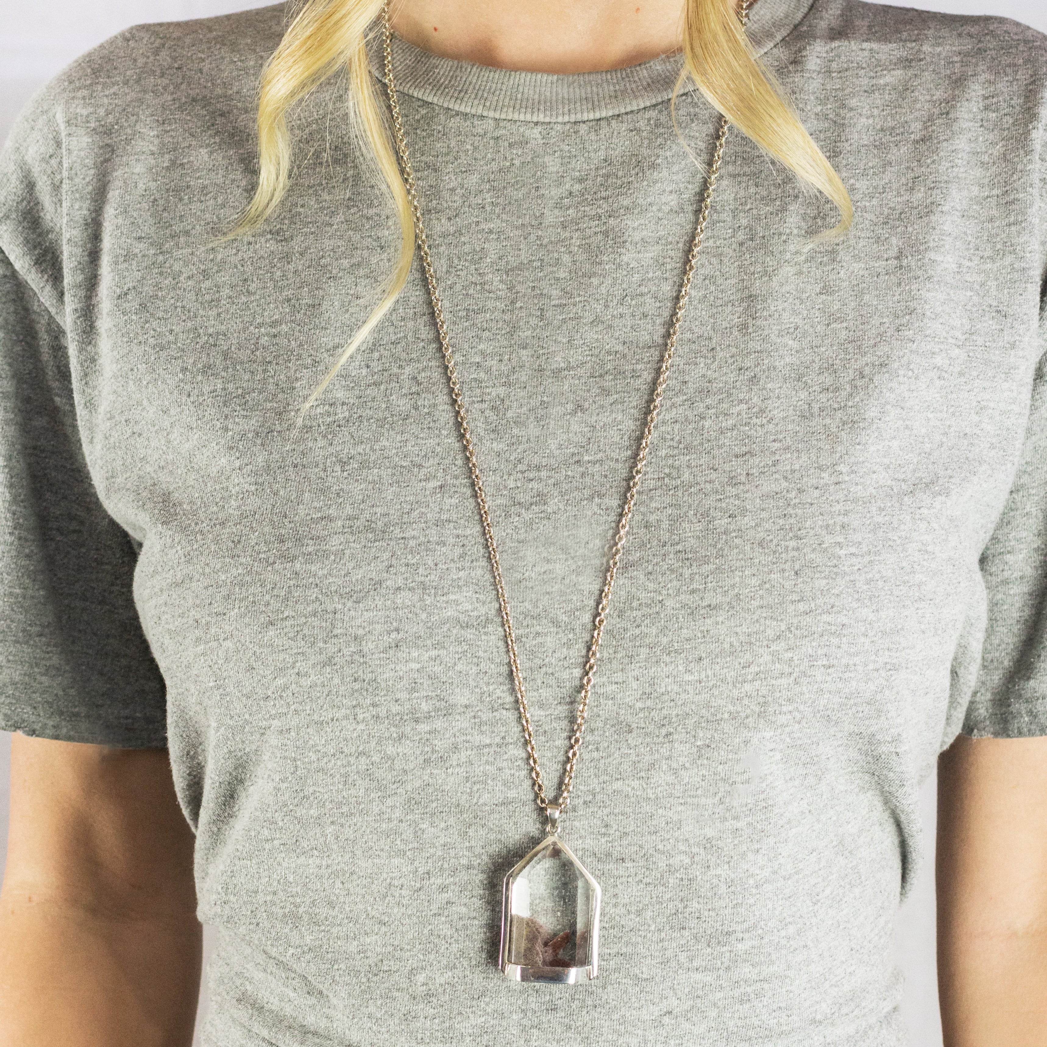 Transmitter Quartz with Hematite and Manganese Necklace On Model