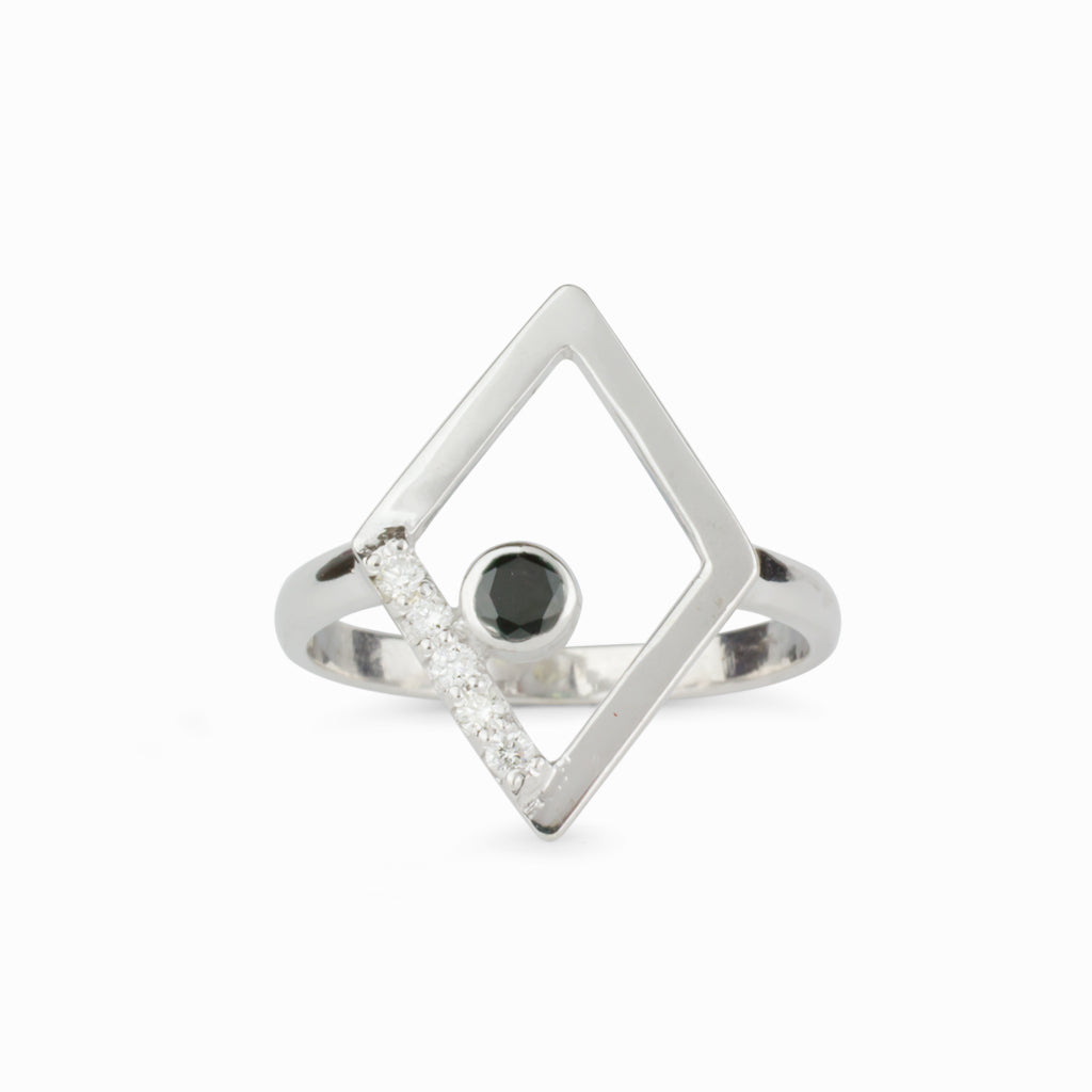 Diamond Shape Silver Structure with Black Spinel & Diamond on Band Made in Earth