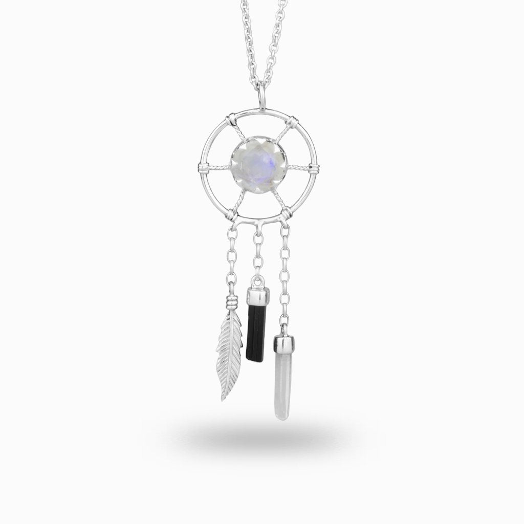 Rainbow Moonstone, Black Tourmaline & Laser Quartz Dreamcatcher Necklace Made In Earth
