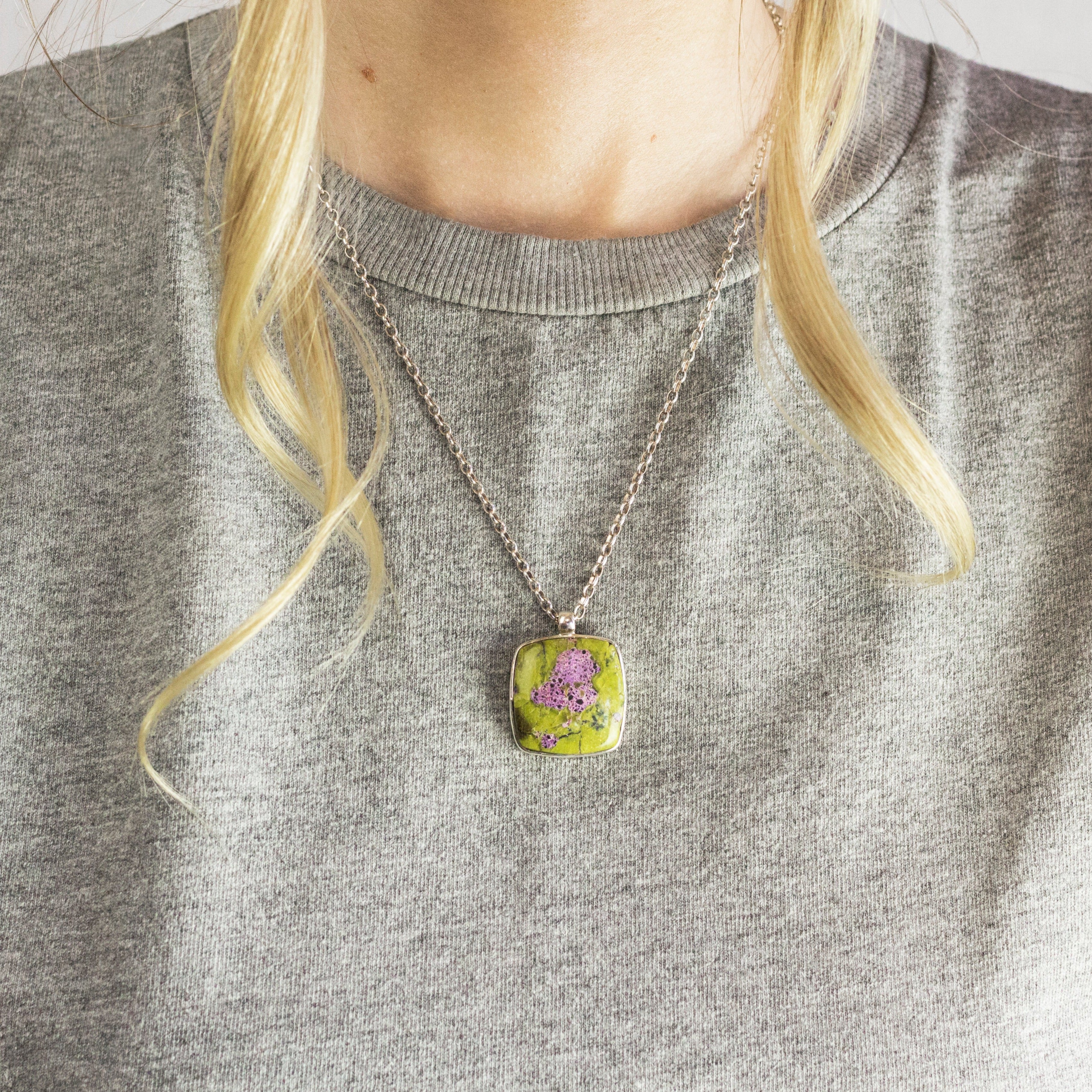 Rounded square cabochon Serpentine Stichite Necklace On Model