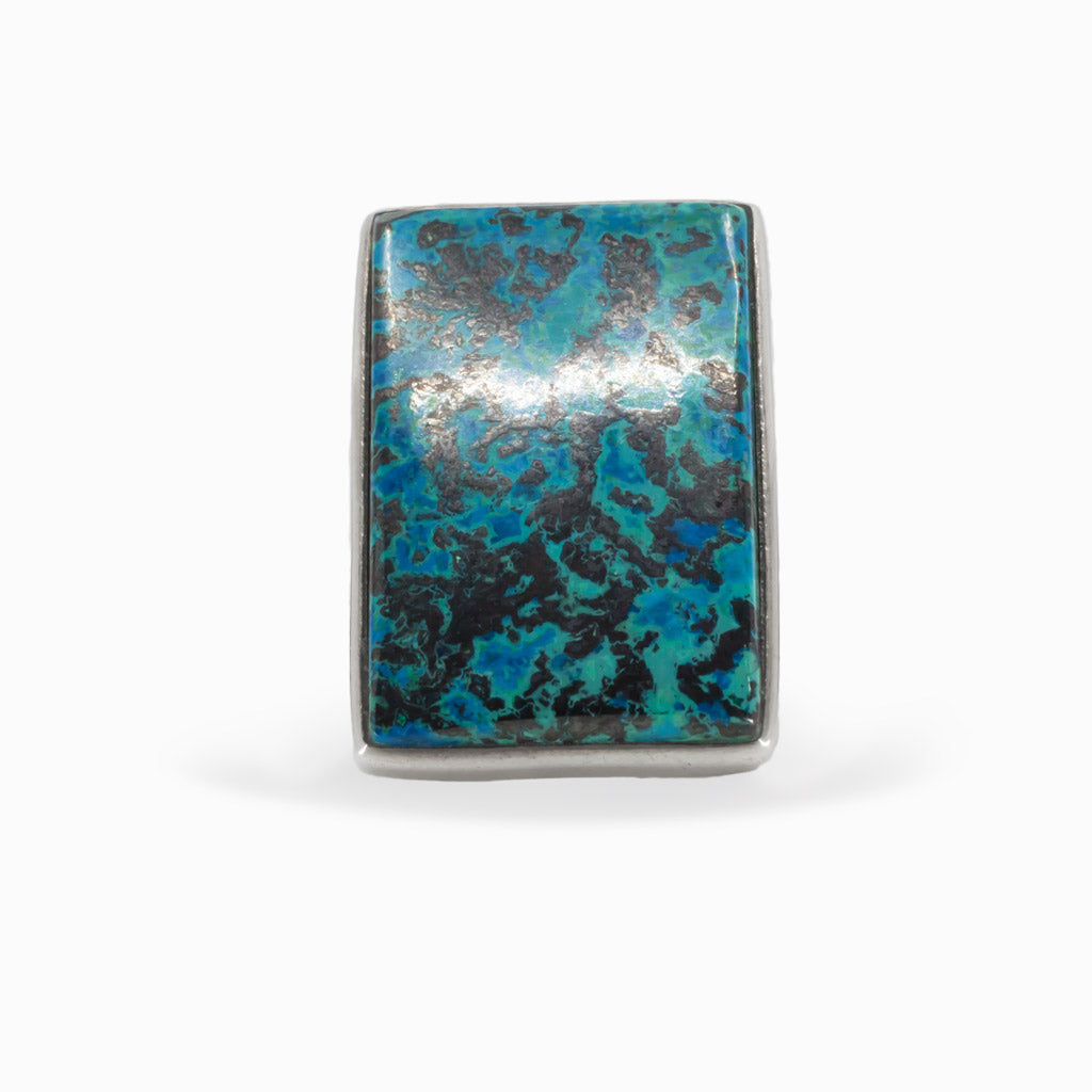 Dark Blue Green Rectangle with Black Figures Shattuckite Ring