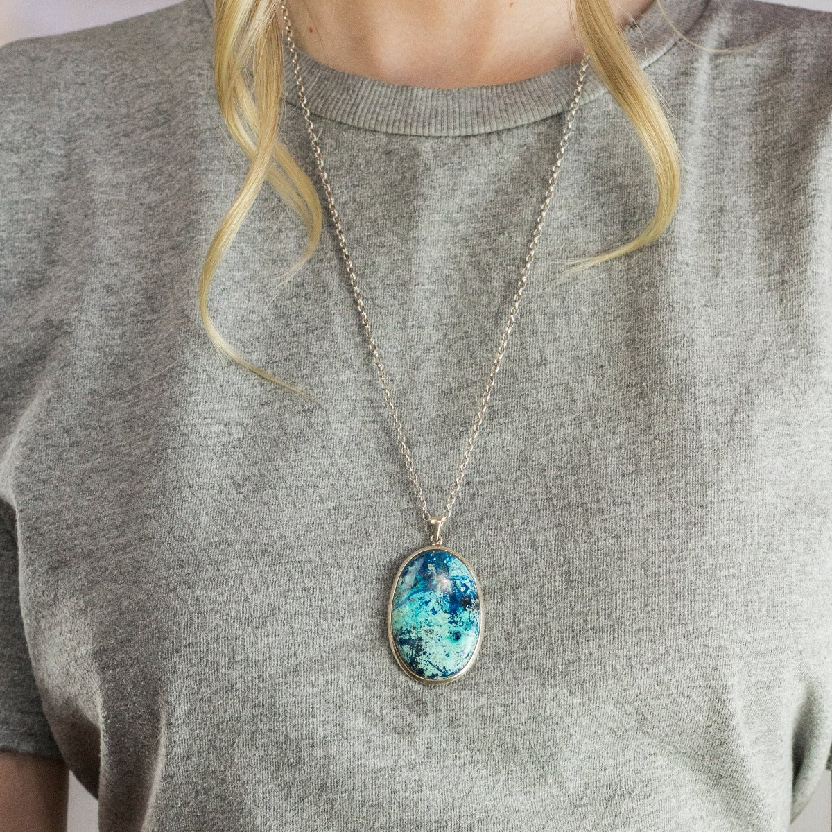 Model Wearing Oval Cabochon Shattuckite Necklace