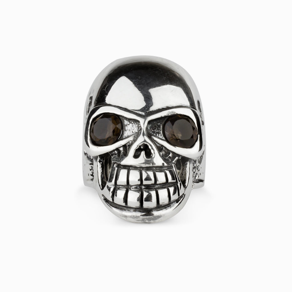 Smokey Quartz Skull Ring with Dark Brown gemstone eyes Made in Earth