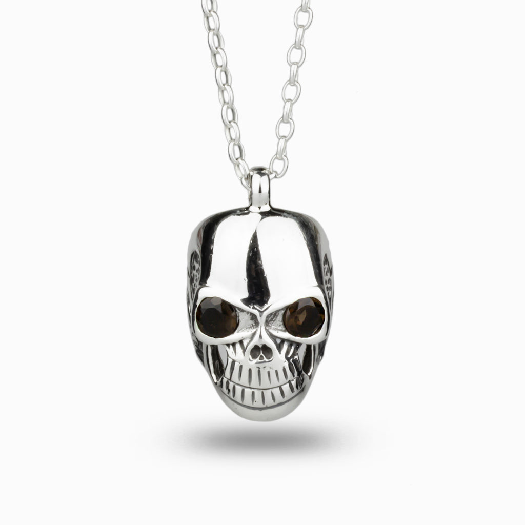 Smokey Quartz Skull Necklace In 925 Sterling Silver