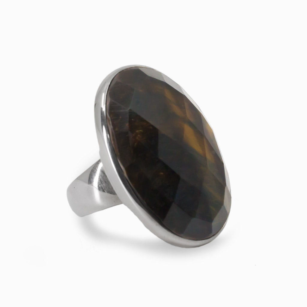 Golden Hawks Eye in Sterling Silver Faceted Ring from Made In Earth
