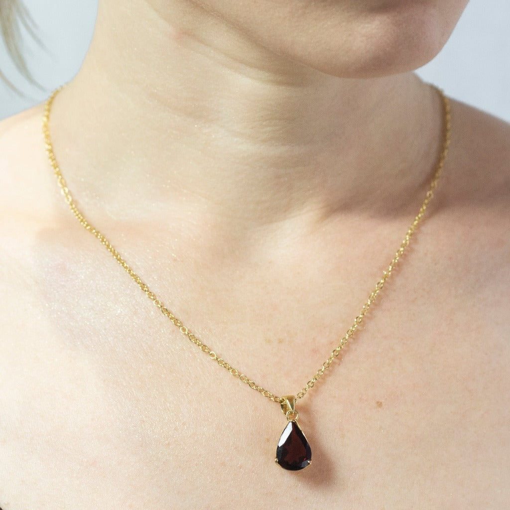 Faceted Tear 14k Yellow Gold Vermeil Garnet necklace on model