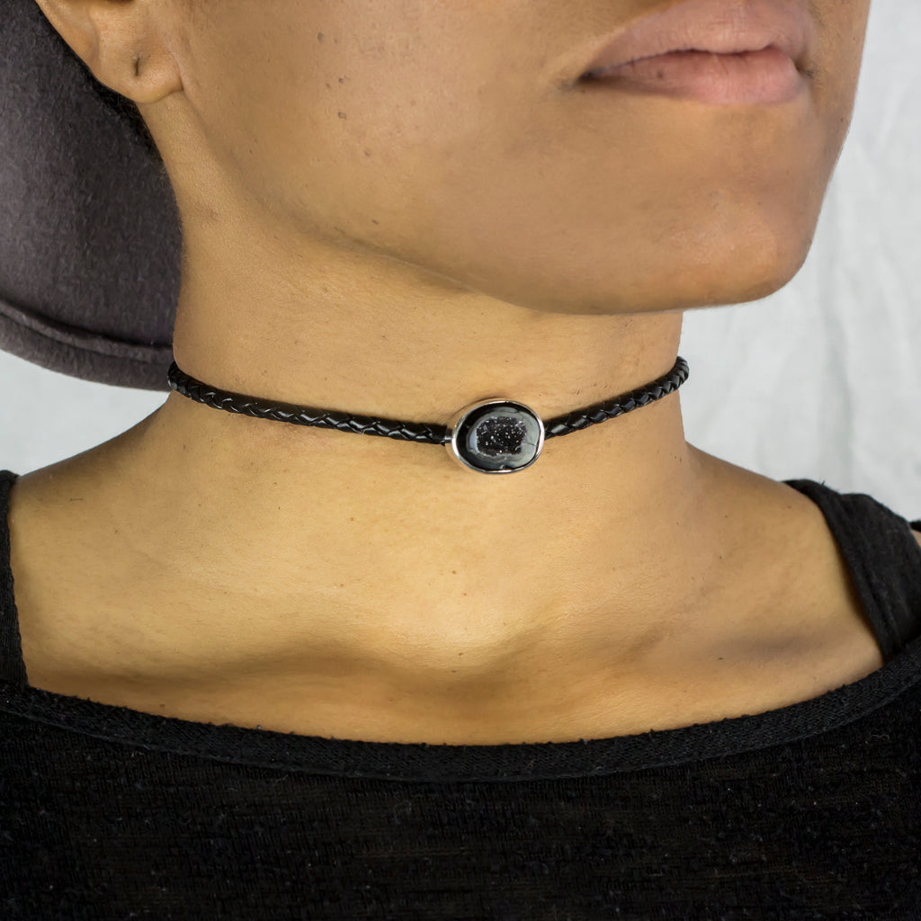 Agate Geode Braided Leather Necklace on Model