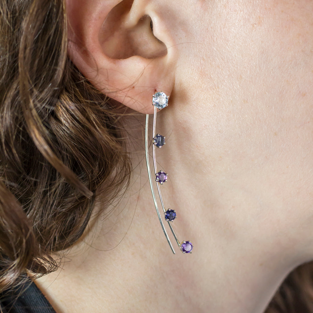 Amethyst, Blue Topaz & Iolite Drop Earrings on Model