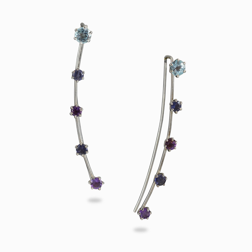 Round faceted Amethyst, Blue Topaz & Iolite Drop Earrings