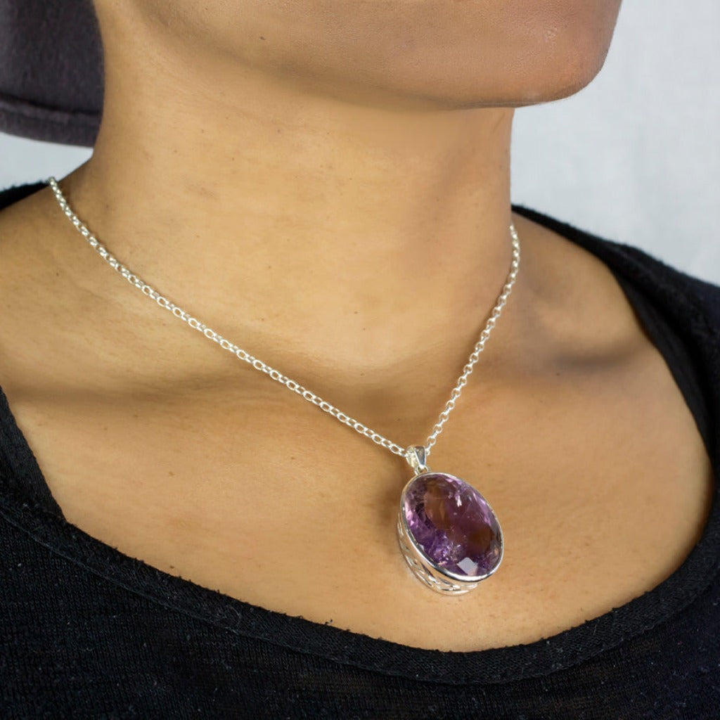 OVAL PURPLE-YELLOW FACETED STERLING SILVER AMETRINE NECKLACE