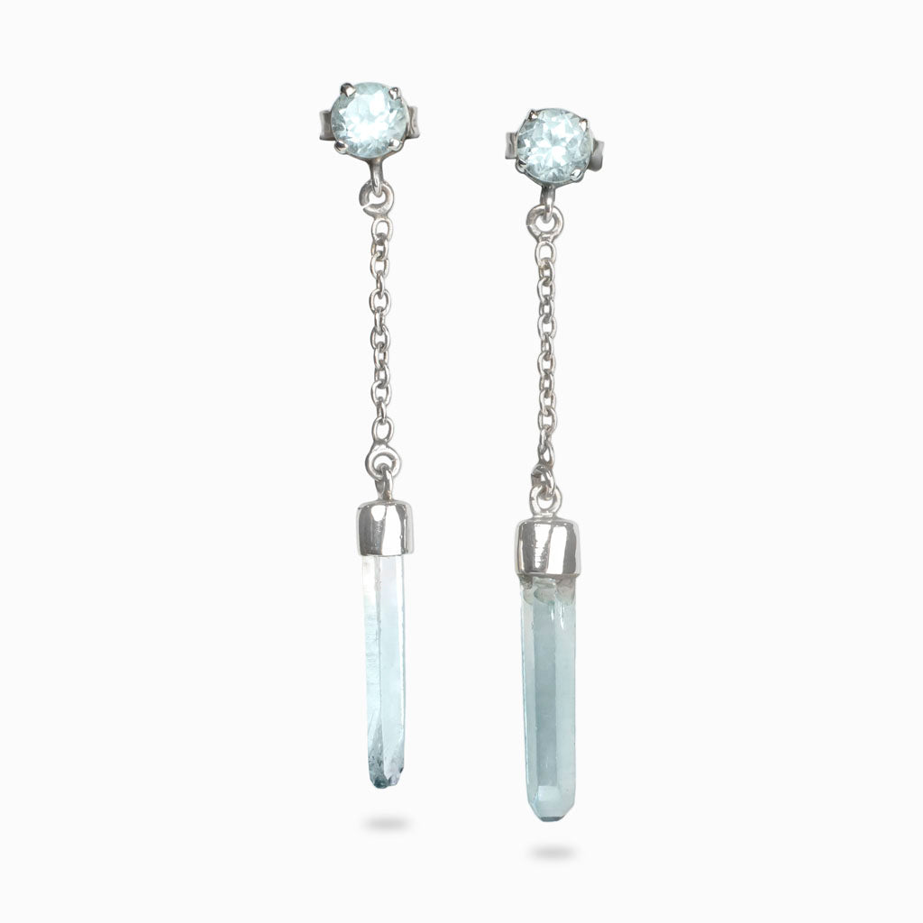 Facet Claw Blue Topaz and Lazer Cap Aqua Aura Stud Drop Earrings