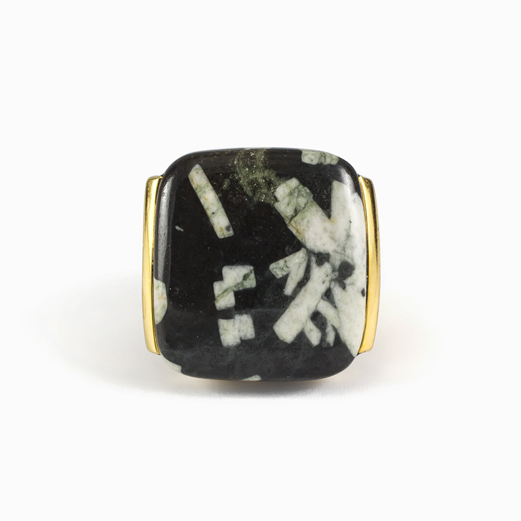 Green Chinese Writing Rock Ring with White spots