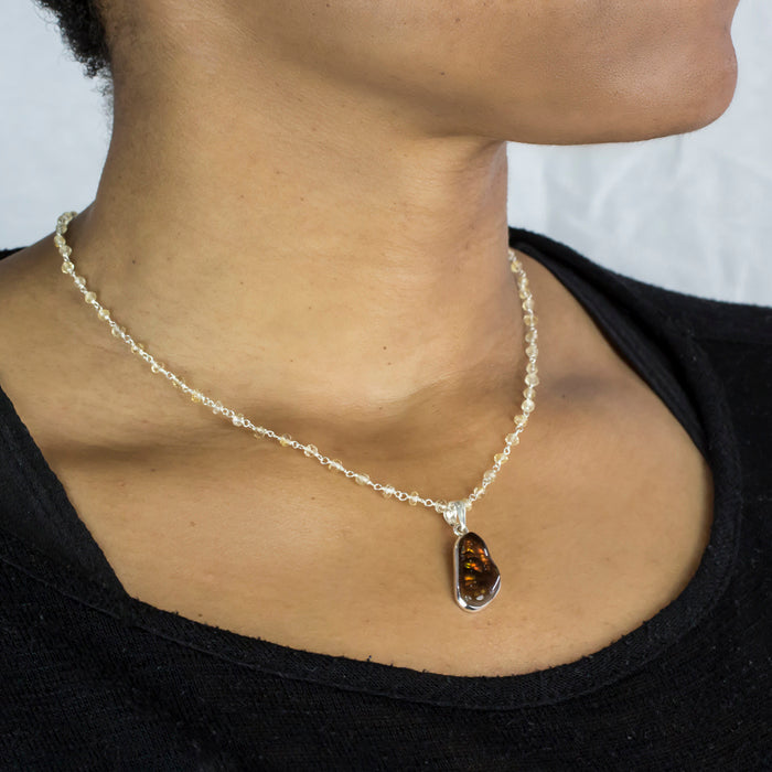 Citrine beaded chain necklace with pendant on model