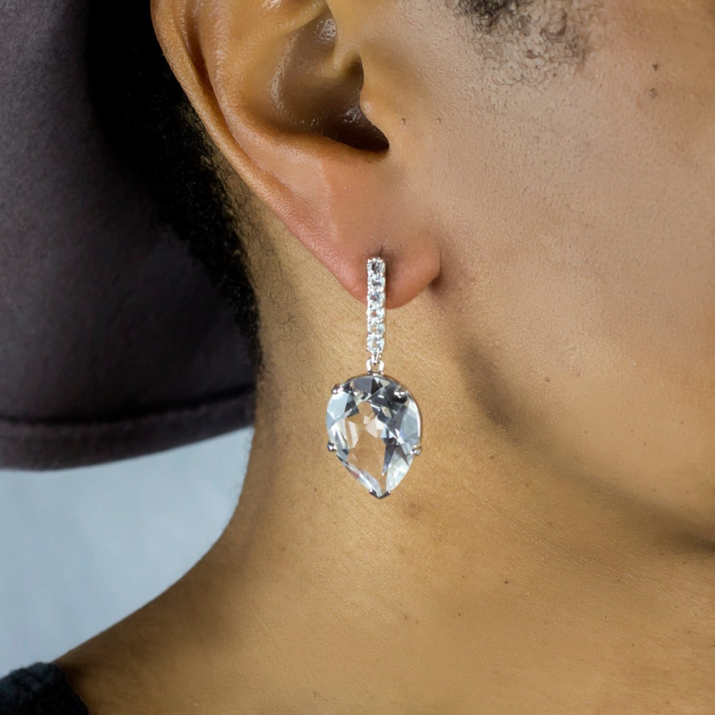 Clear Quartz with White Topaz Drop Earrings on Model