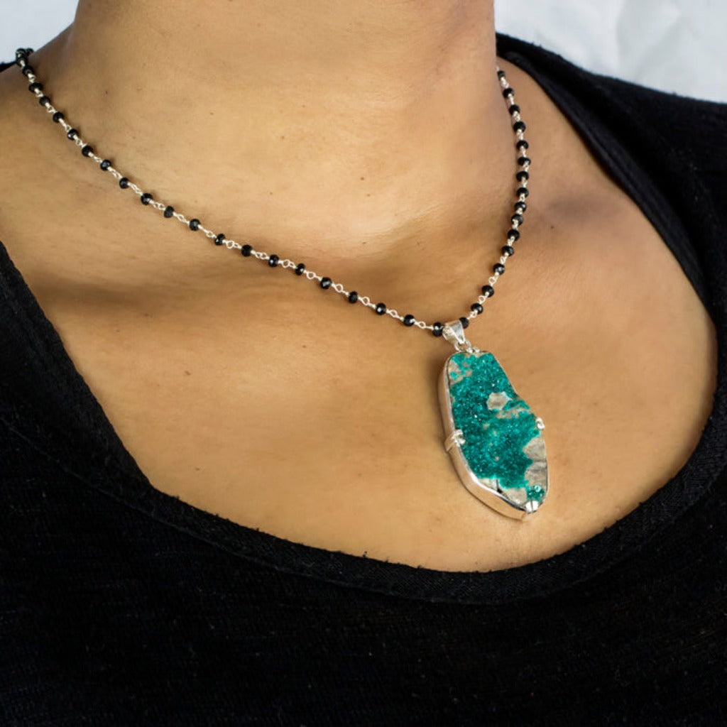 sterling silver Blue raw Organic Dioptase Necklace on Model