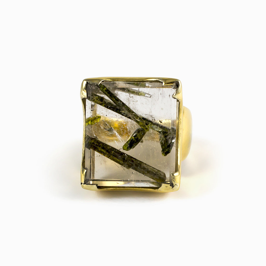 Clear Quartz Ring with Green Epidote set in Gold Made in Earth