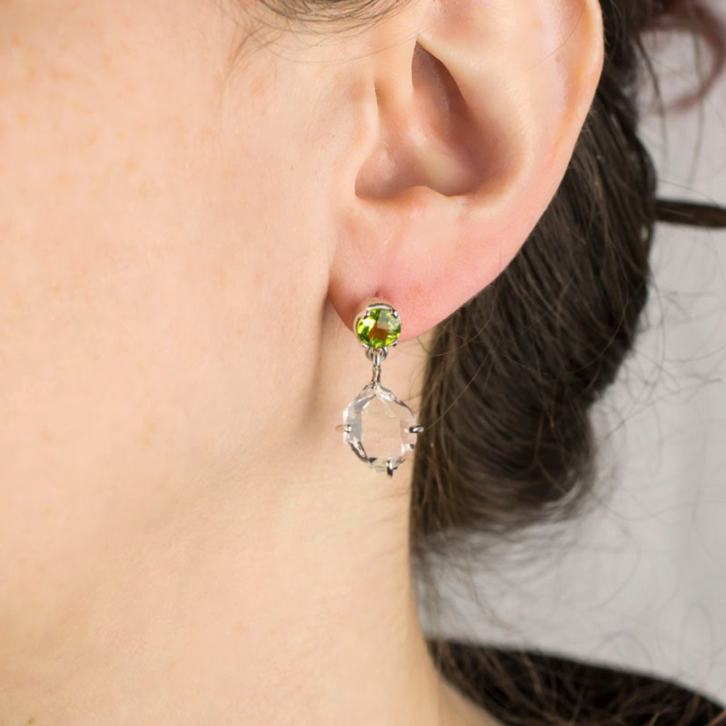 Herkimer Diamond and Peridot Drop Earrings on Model
