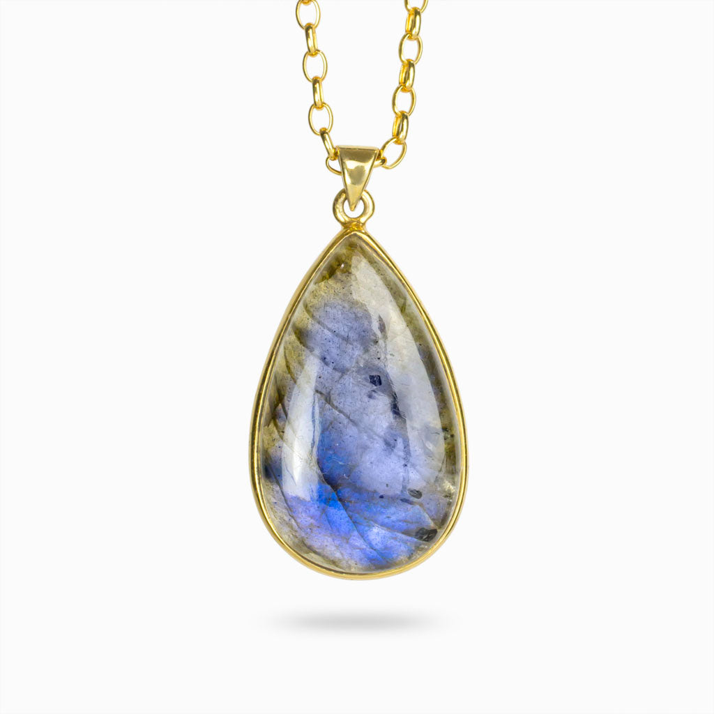 Yellow and Purple Hued Teardrop Labradorite Stone set in Vermeil Gold Labradorite Necklace