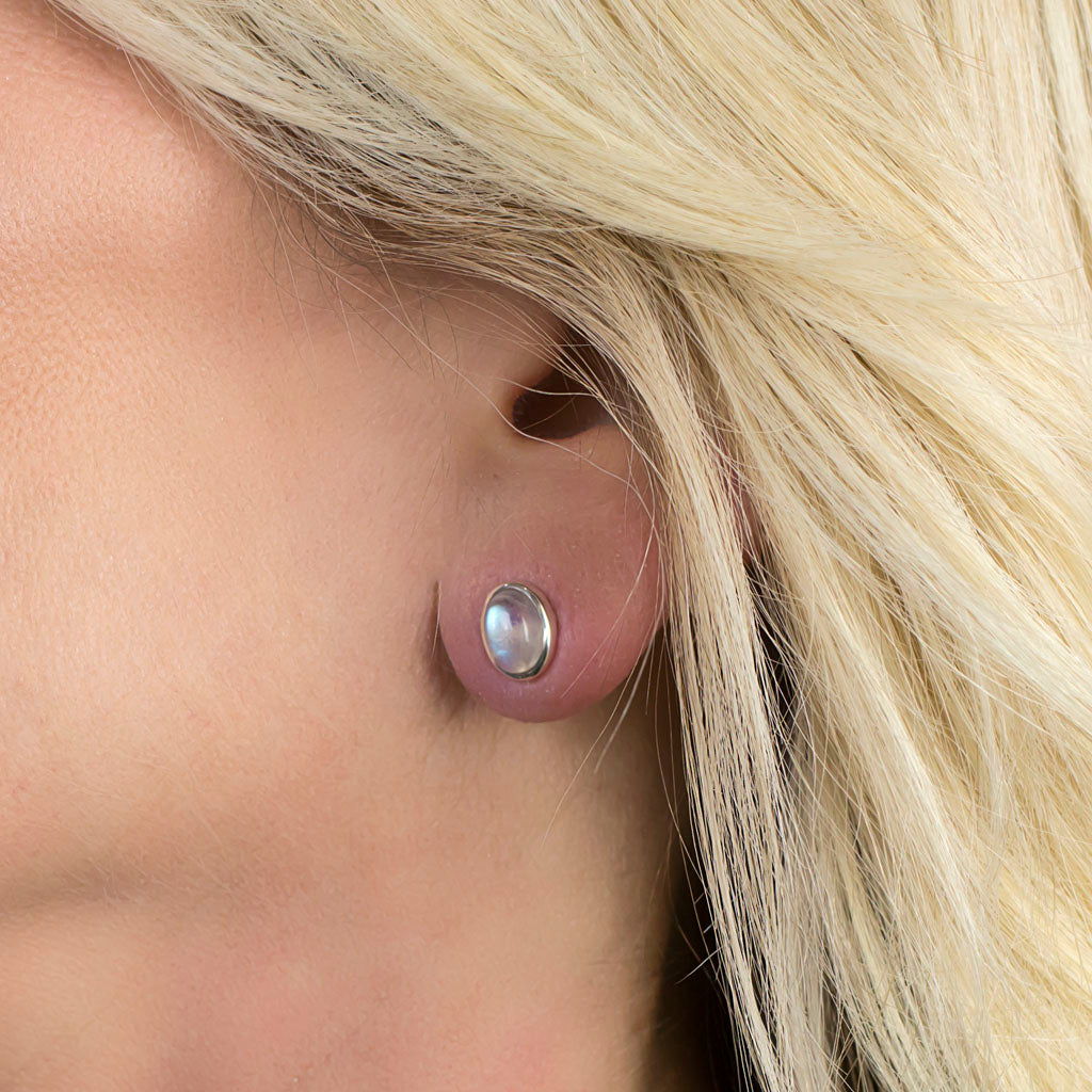 Rainbow Moonstone Stud Earrings on Model