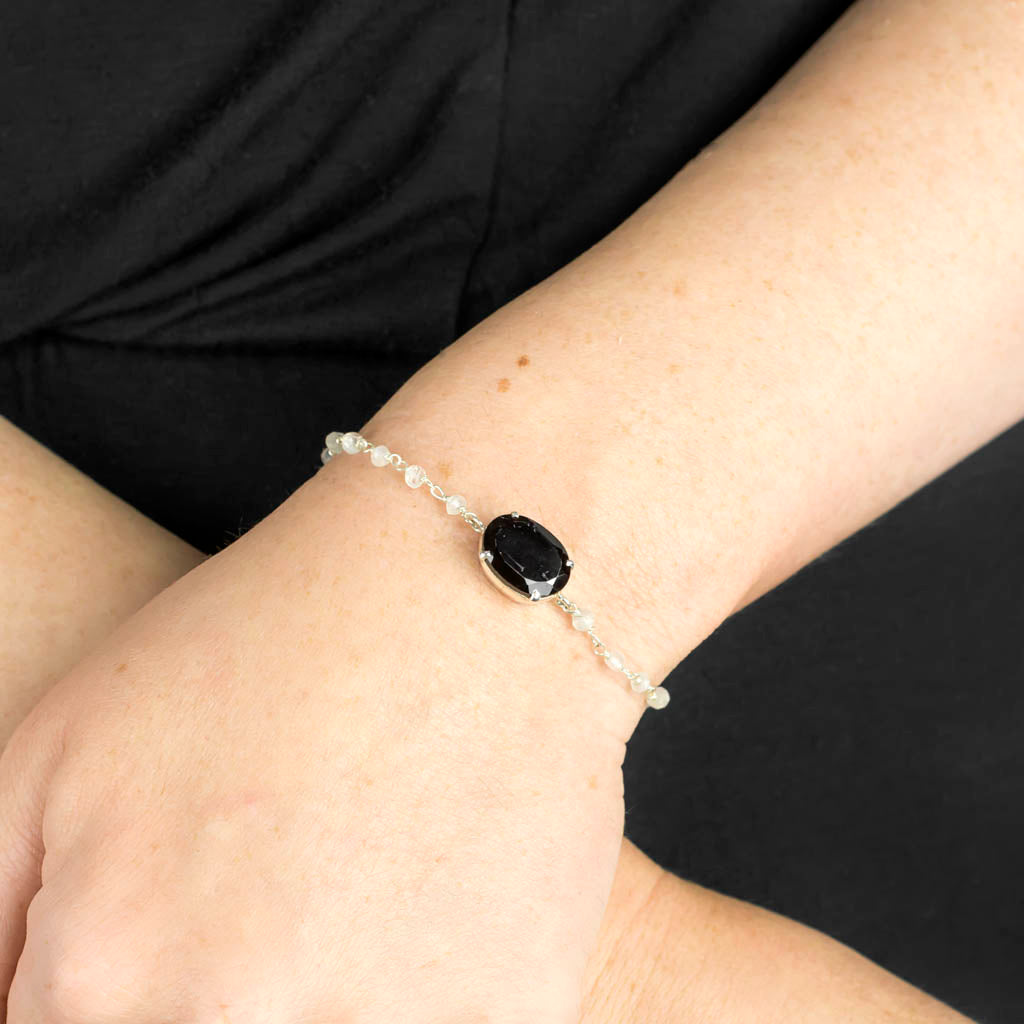 Onyx and Rainbow Moonstone Bracelet on Model