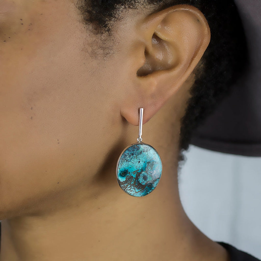 Shattuckite Drop Earrings On Model