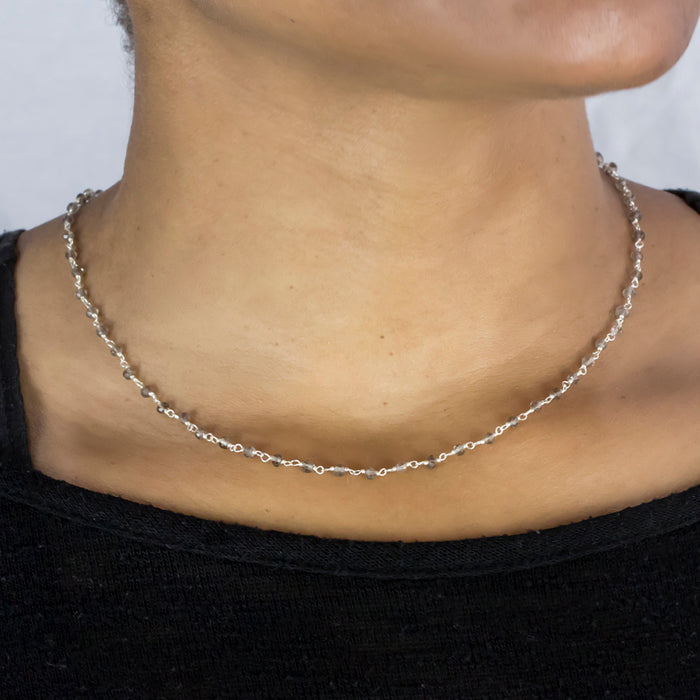 Smokey Quartz beaded chain necklace on model