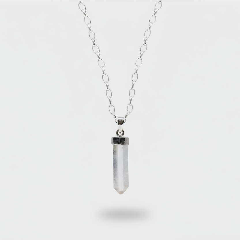 Raw clear quartz pencil pendant with natural point in sterling silver