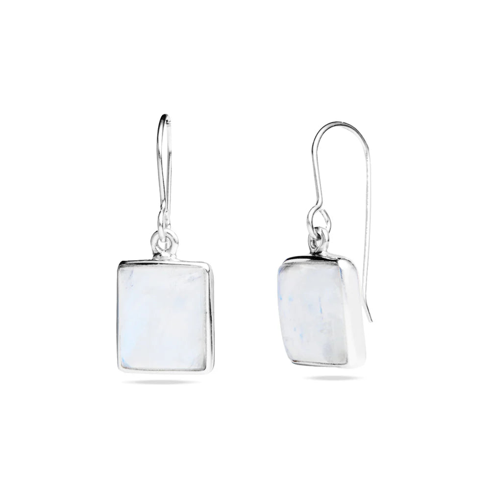 rainbow moonstone rectangle drop earrings sterling silver blue flash cabochon