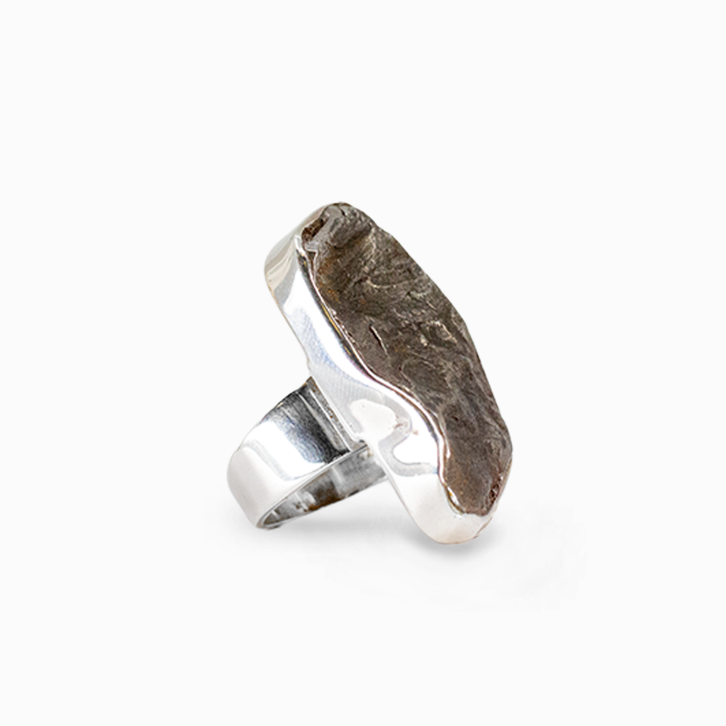 Raw dark metallic Sikhote-Alin Meteorite fragment framed in a polished sterling silver ring setting.
