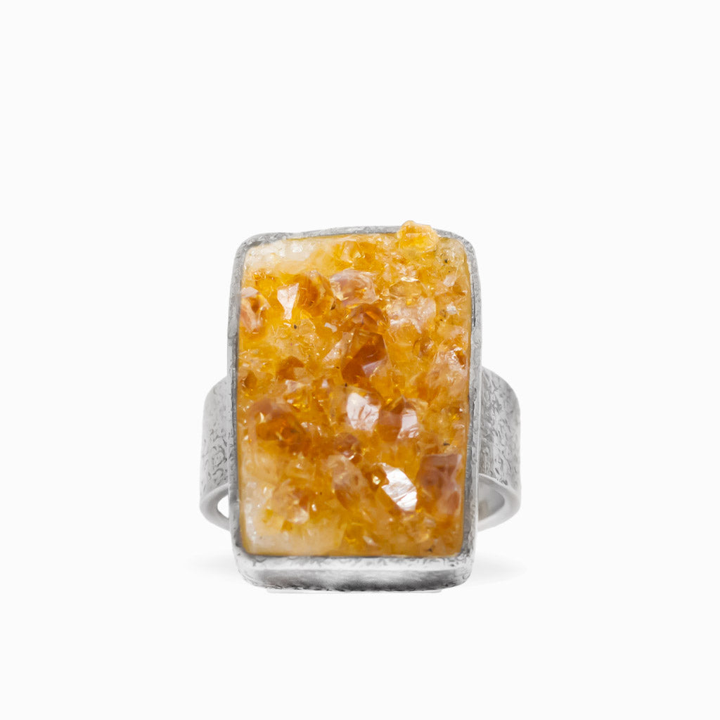 Rectangular golden Citrine druzy ring with natural crystal clusters set in polished 925 sterling silver.