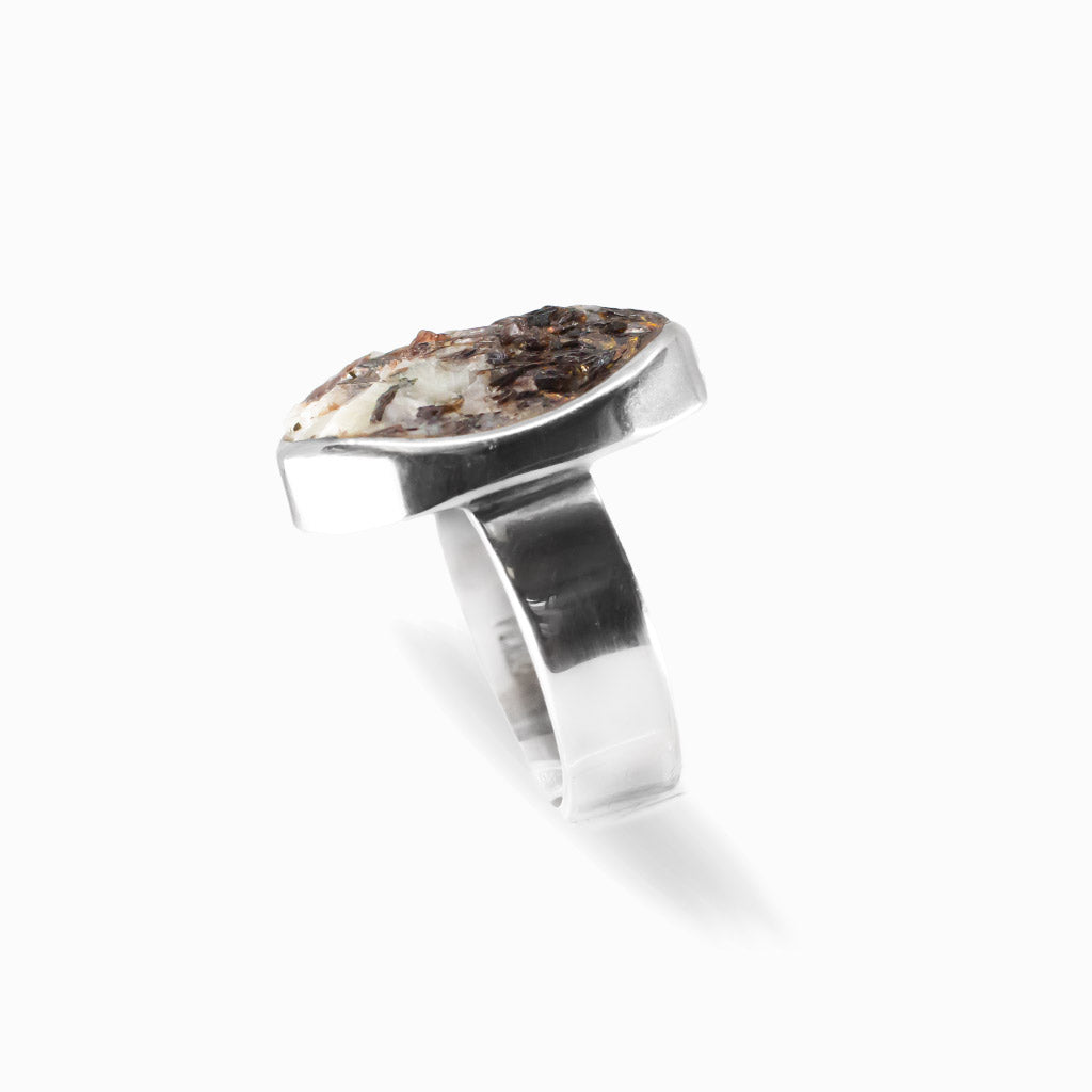 Freeform oval Astrophyllite ring with bronze, cream and metallic formations set in polished 925 sterling silver.