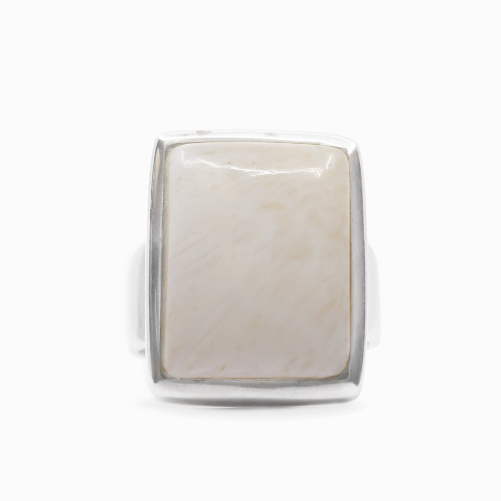 Rectangular ivory-white Scolecite cabochon ring framed in polished 925 sterling silver.