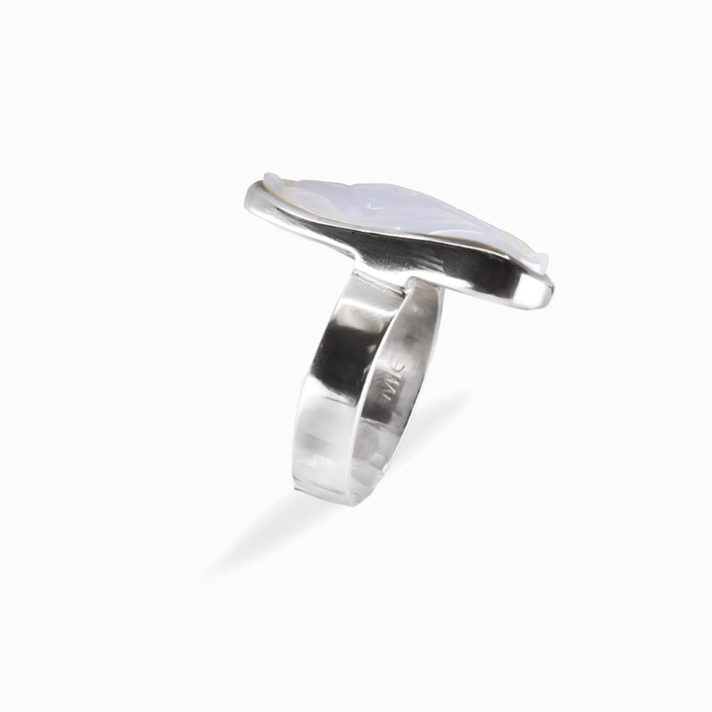 Elongated freeform blue-lavender Botryoidal Chalcedony ring in a polished 925 sterling silver bezel setting.