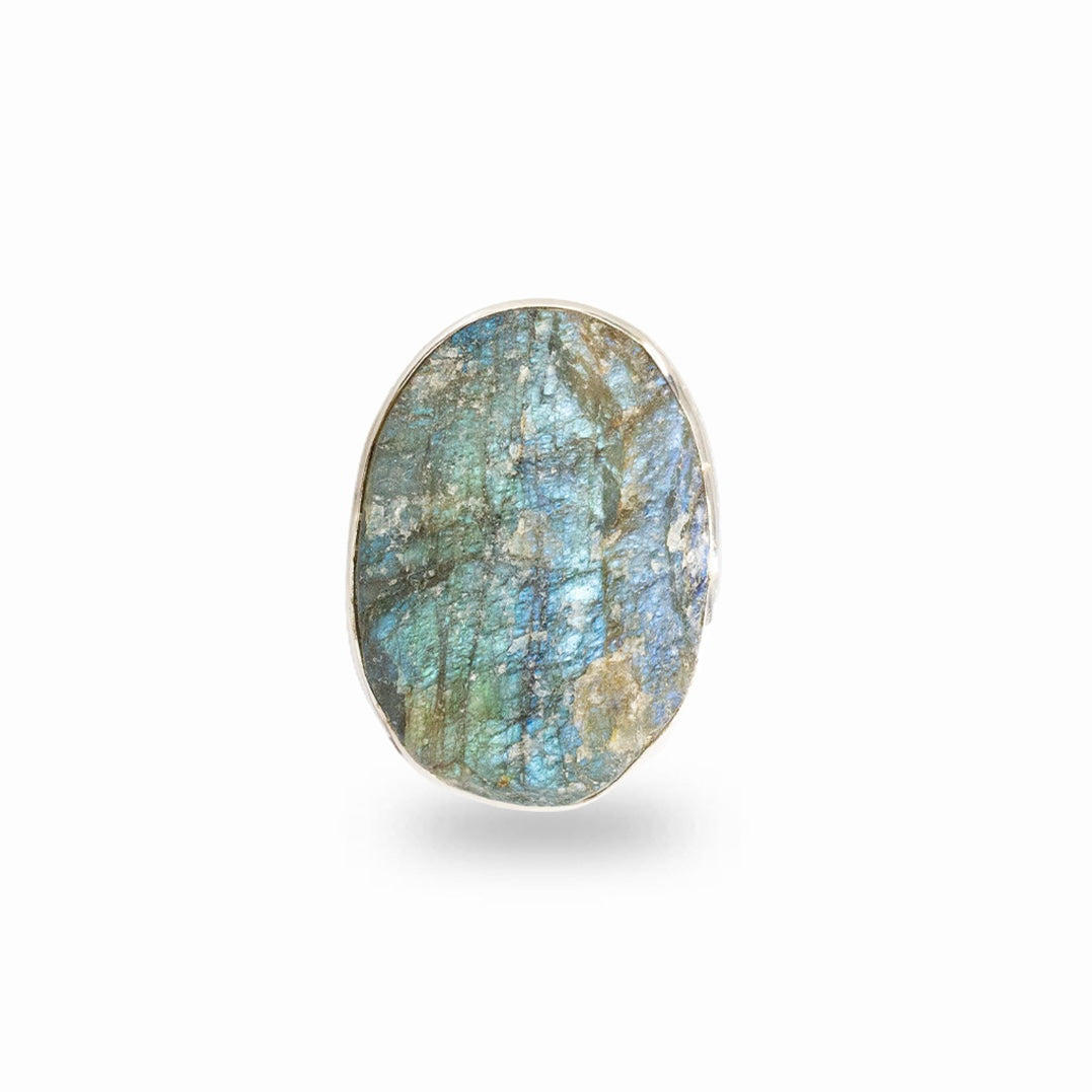 Oval Labradorite gemstone with vivid blue and green flashes framed in polished sterling silver.