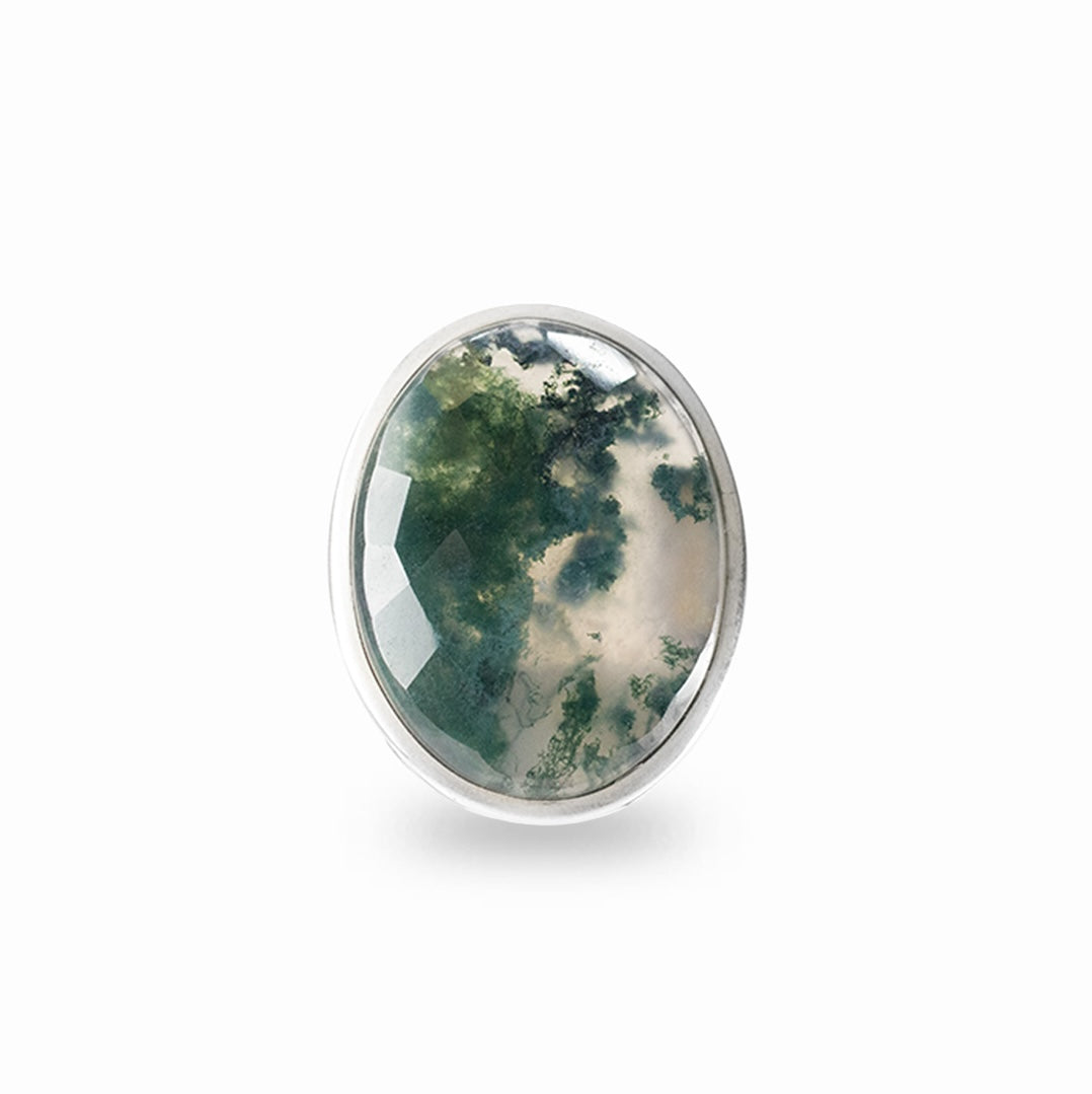 Oval Moss Agate gemstone with natural forest-green inclusions framed in polished sterling silver.